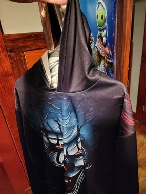 Men's Black Graphic Hoodie Shirt with Blue Mask Print